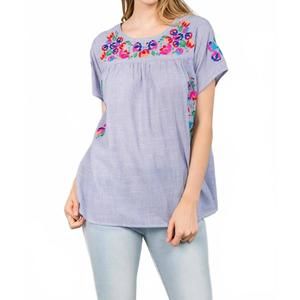 NEW SEE AND BE SEEN on the border embroidered top in blue stripe